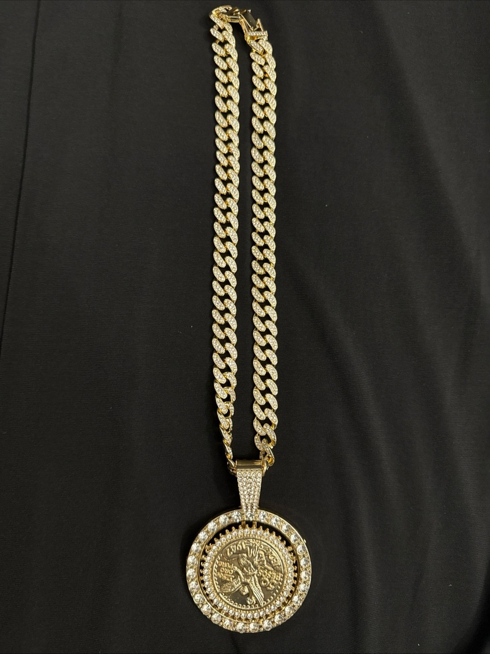Massive Cuban Link Spinning Rhinestones Necklace w/Mexican 50 Pesos Charm